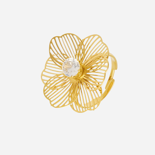 Anillo de acero inoxidable con borla de flor de circonita