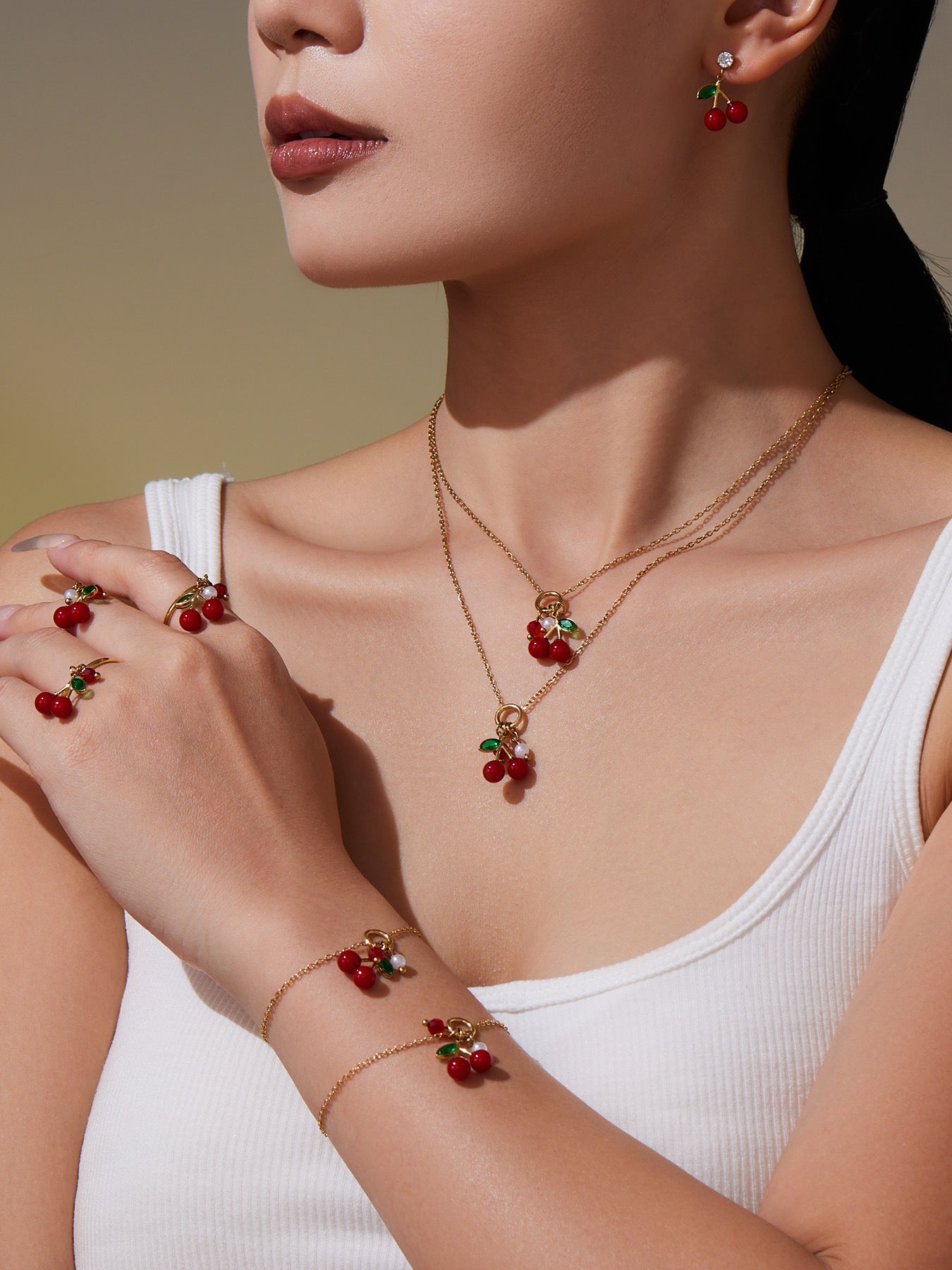 Stainless Steel Oil-dripped Red Cherry Finger Rings Inlaid With Zircon