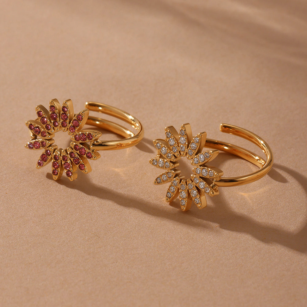 Anillos ajustables de acero inoxidable con circonita y girasol