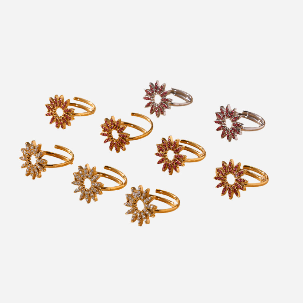 Anillos ajustables de acero inoxidable con circonita y girasol