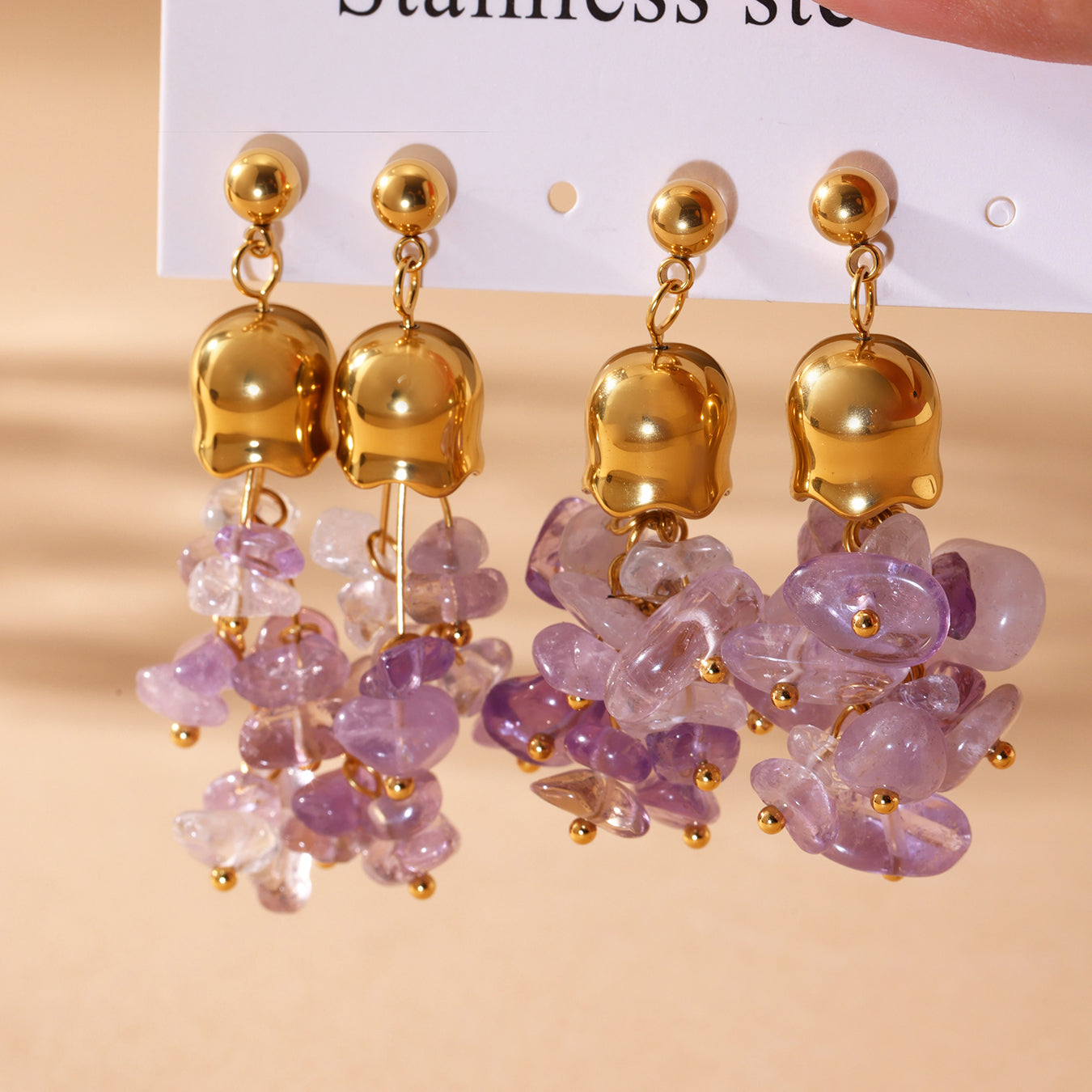 Pendientes de acero inoxidable con borlas de amatista natural