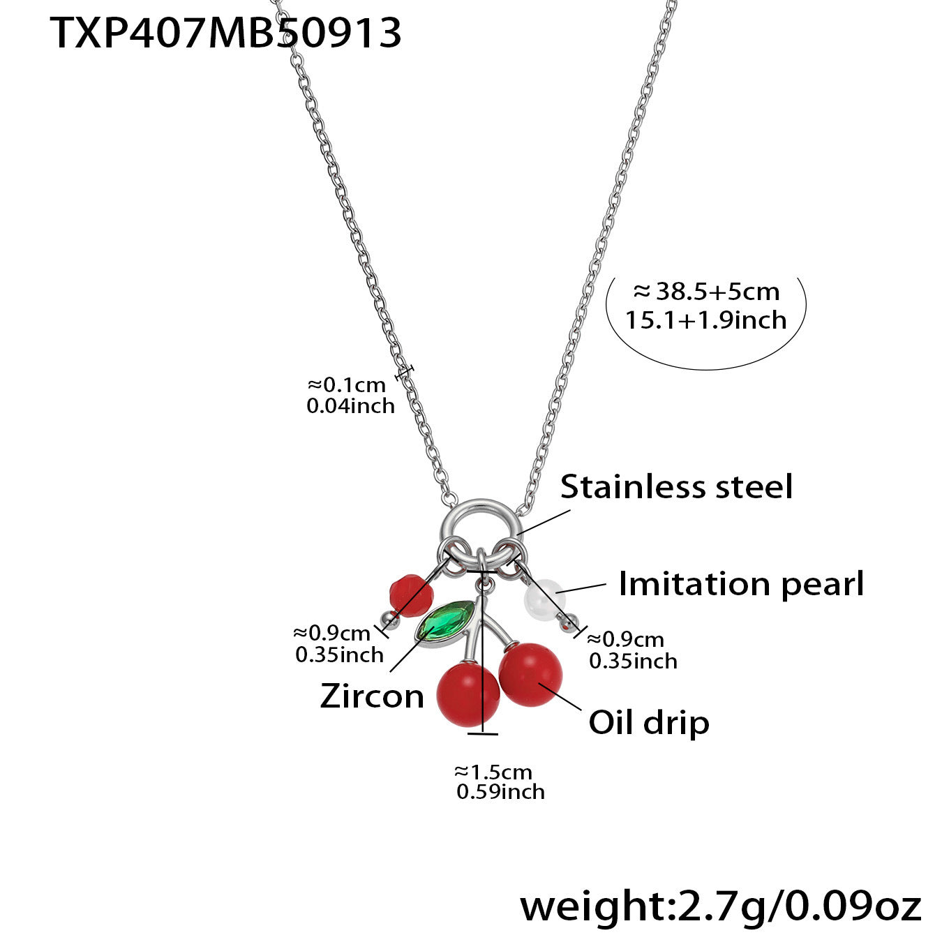 Silver and gold cherry necklaces with size and measurement details