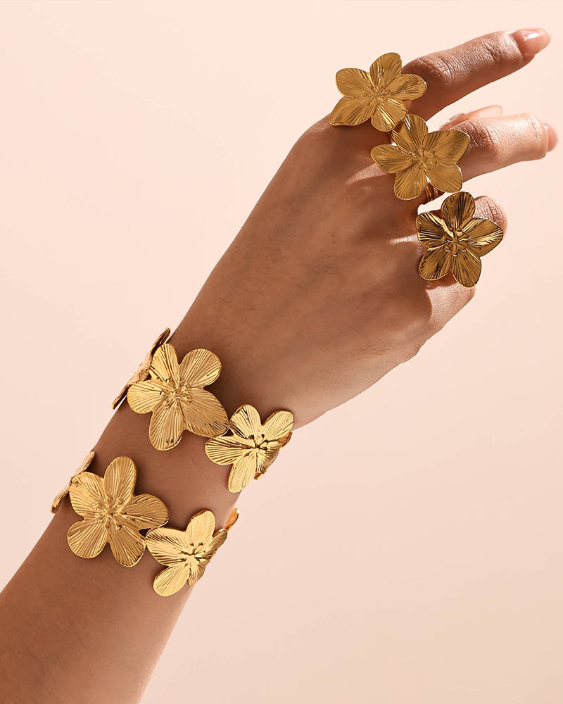 Flora Cuff Tennis Bracelet | Gold Stainless Steel Flower Bangle