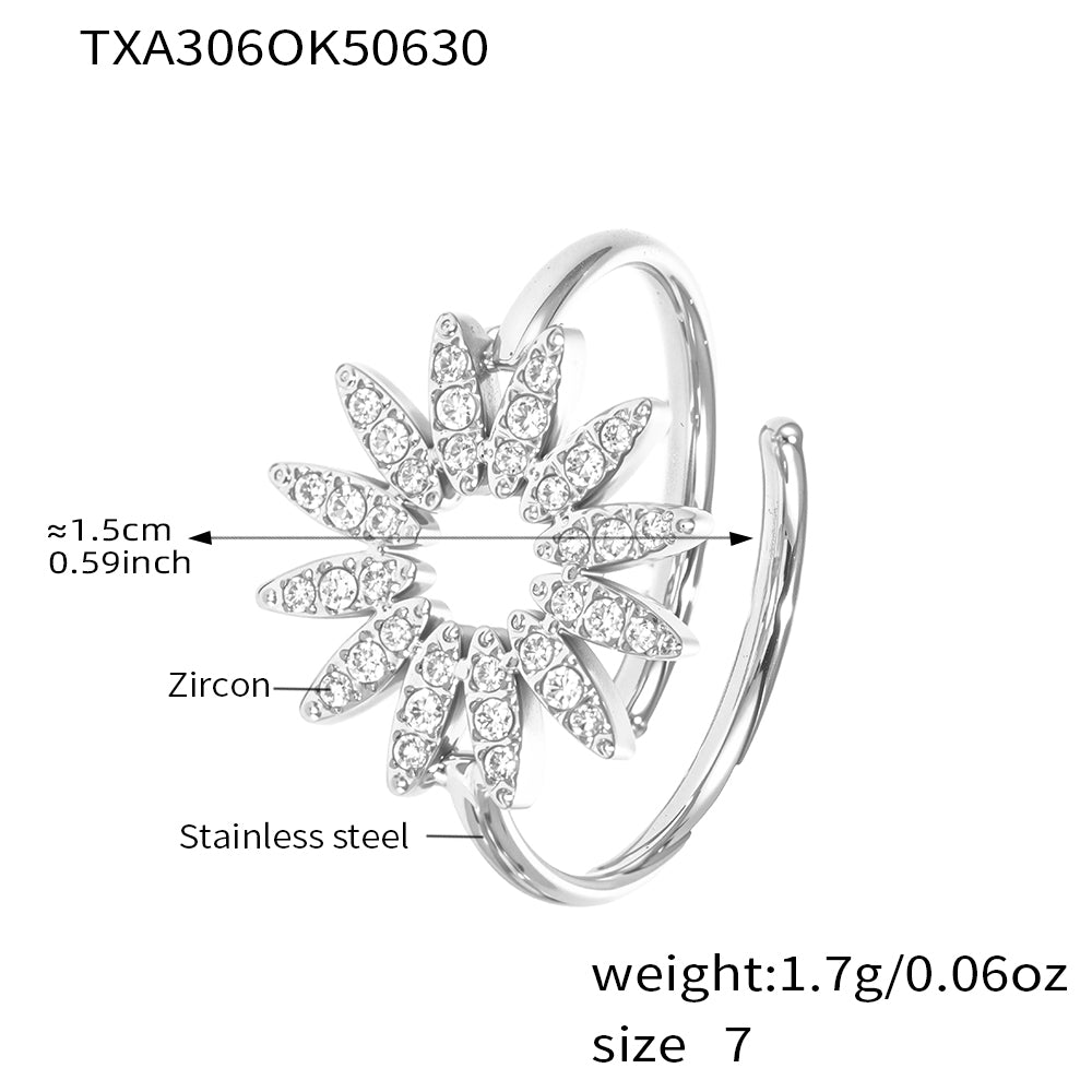 Anillos ajustables de acero inoxidable con circonita y girasol