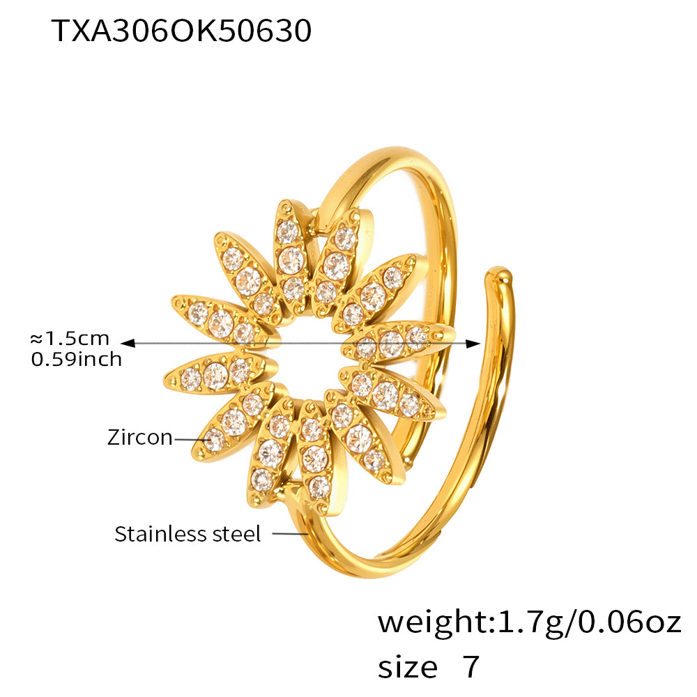 Anillos ajustables de acero inoxidable con circonita y girasol