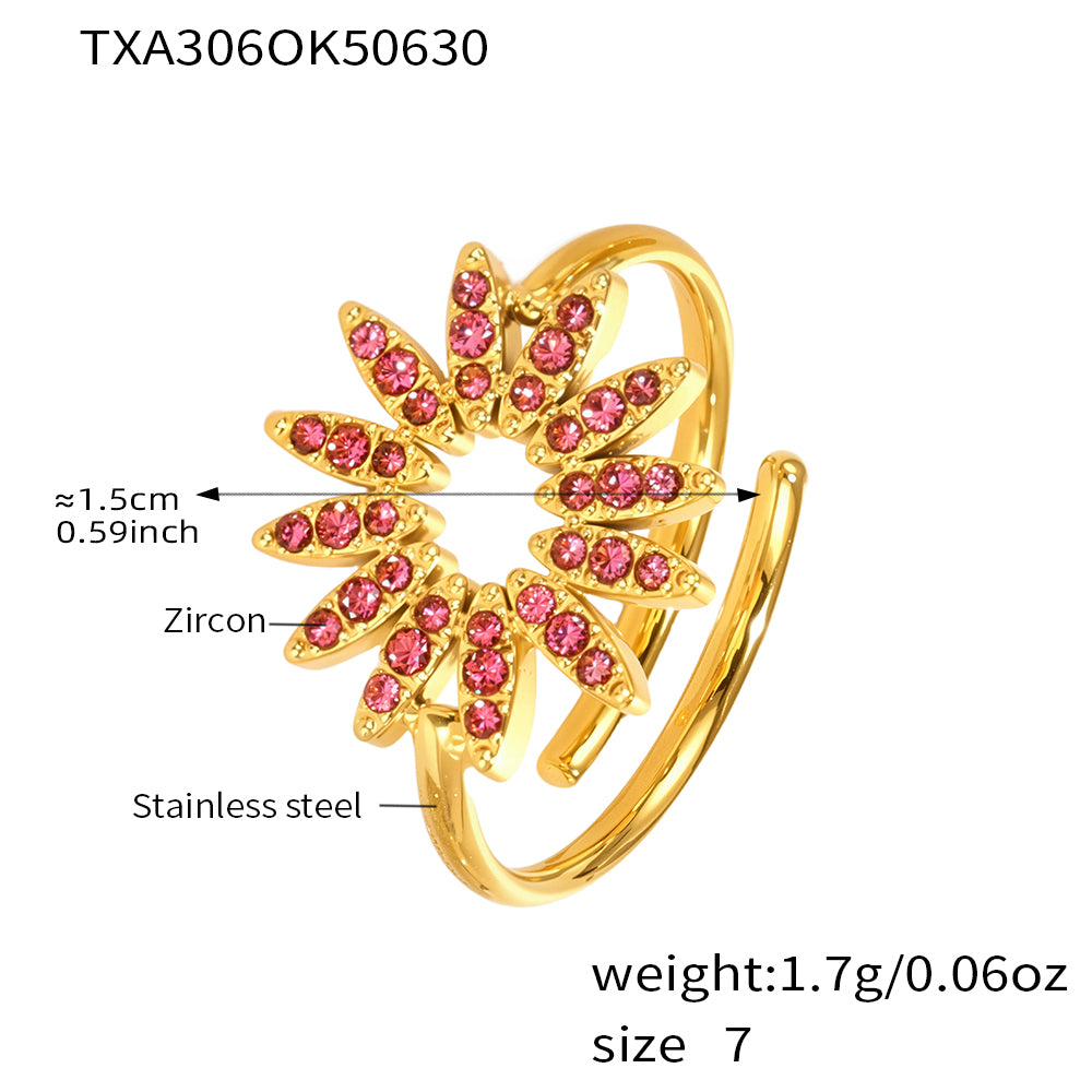 Anillos ajustables de acero inoxidable con circonita y girasol