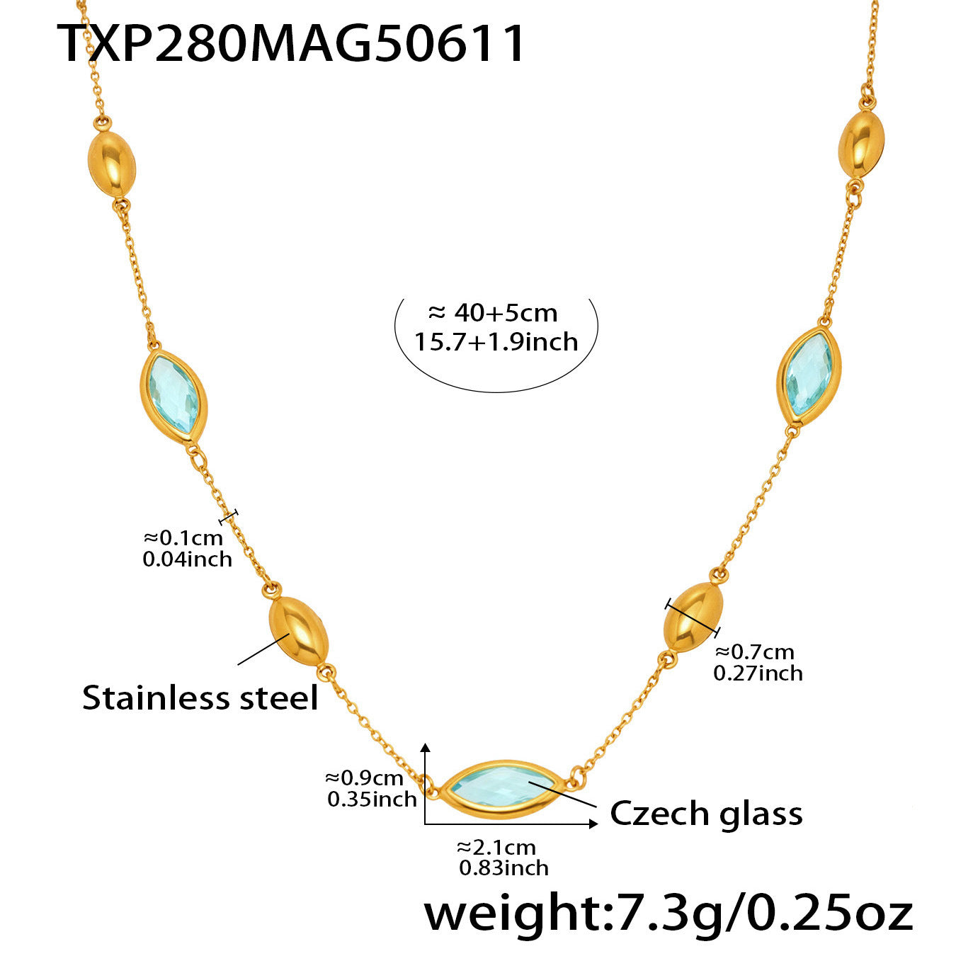 Collar con colgante de cristal dorado | Cuentas ovaladas en cadena de oro resistente al agua