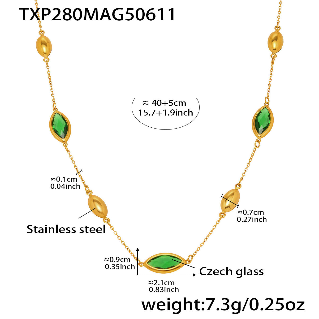 Collar con colgante de cristal dorado | Cuentas ovaladas en cadena de oro resistente al agua