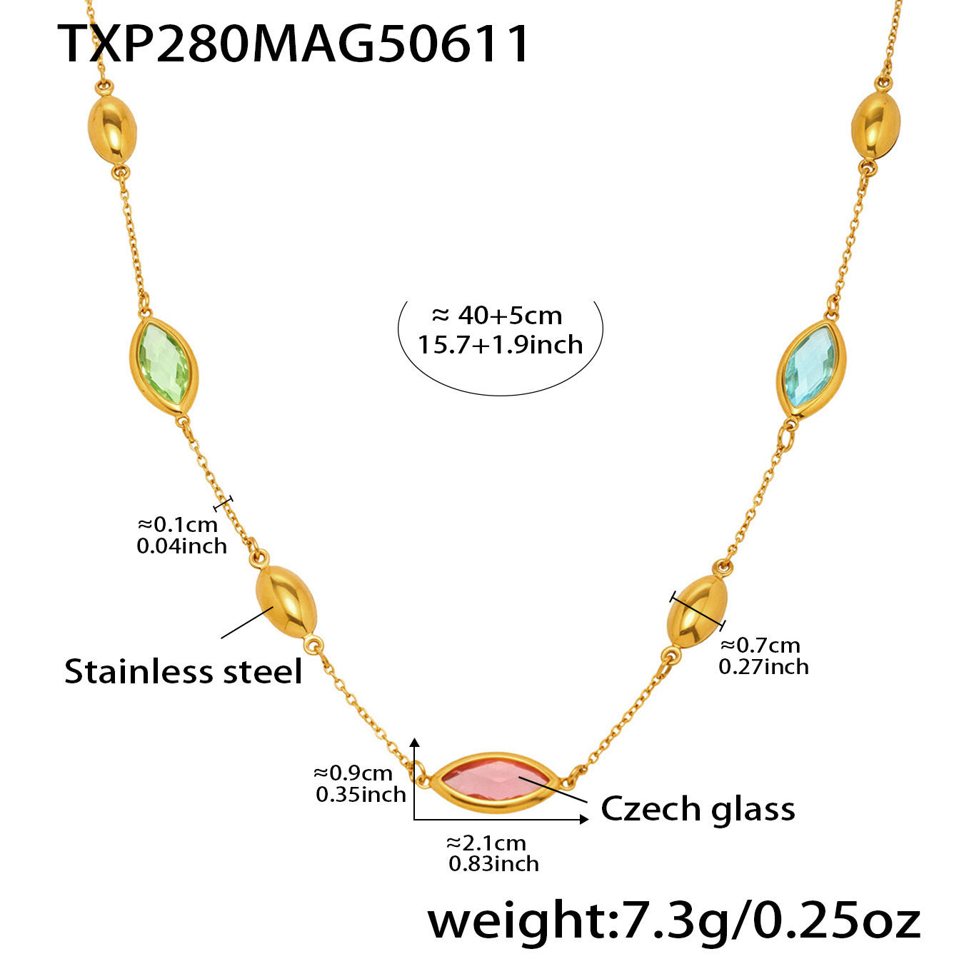 Collar con colgante de cristal dorado | Cuentas ovaladas en cadena de oro resistente al agua