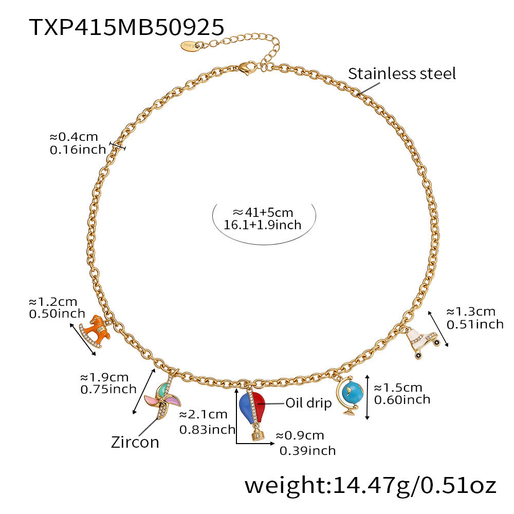 Gold necklace with various charms and measurements on a white background