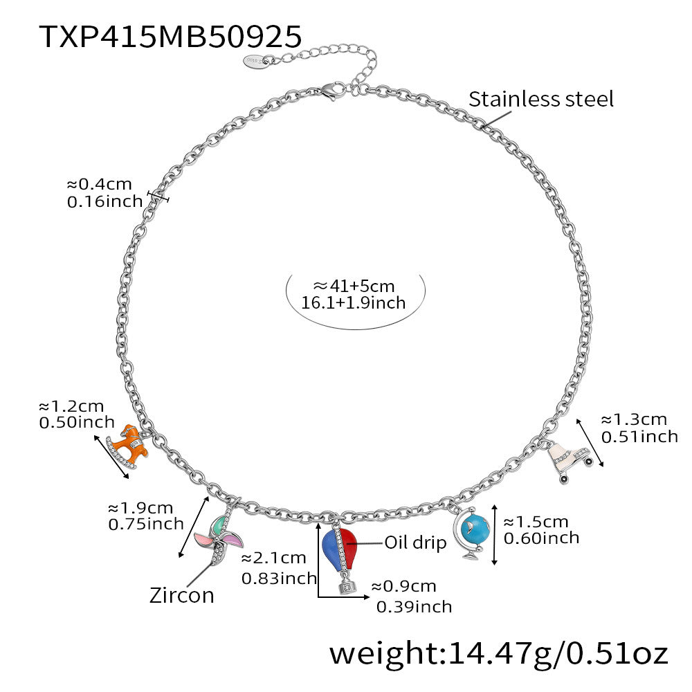 Necklace with various charms and measurements on a white background