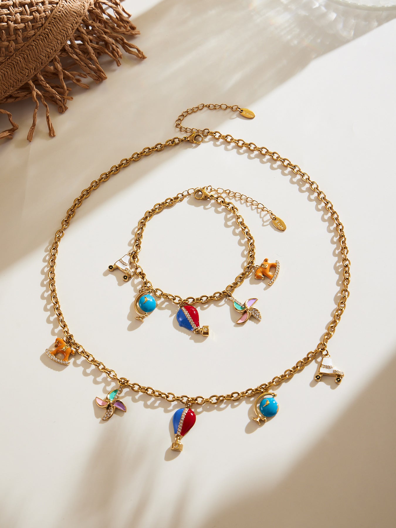 Waterproof stainless steel charm necklace displayed with jewelry box