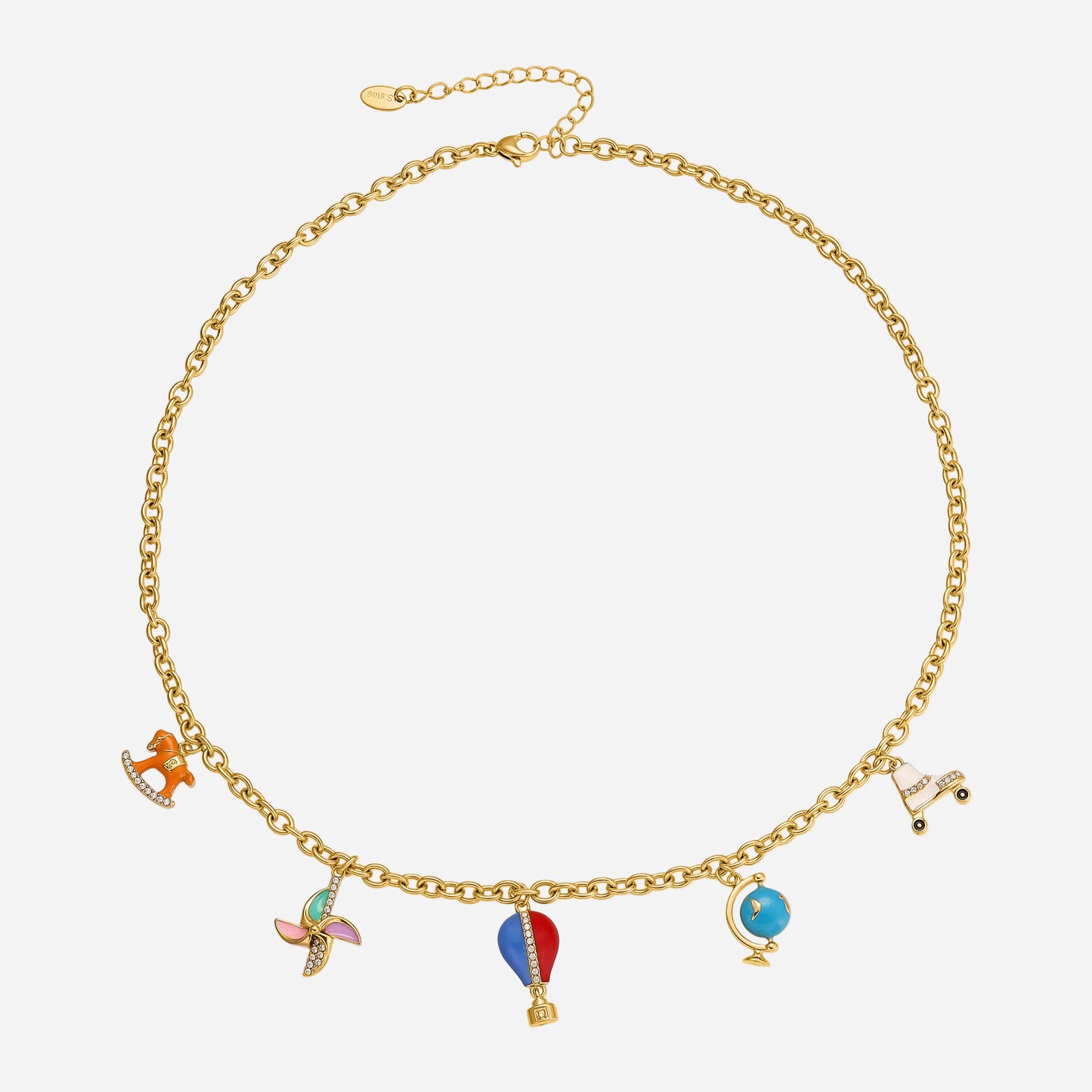 Colorful charm pendant necklace with enamel charms and stainless steel chain
