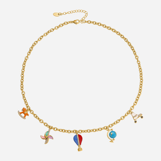 Colorful charm pendant necklace with enamel charms and stainless steel chain