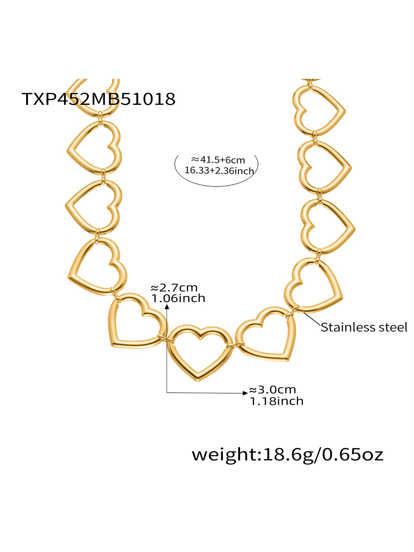 Gold heart-shaped necklace with measurements and weight details on a white background