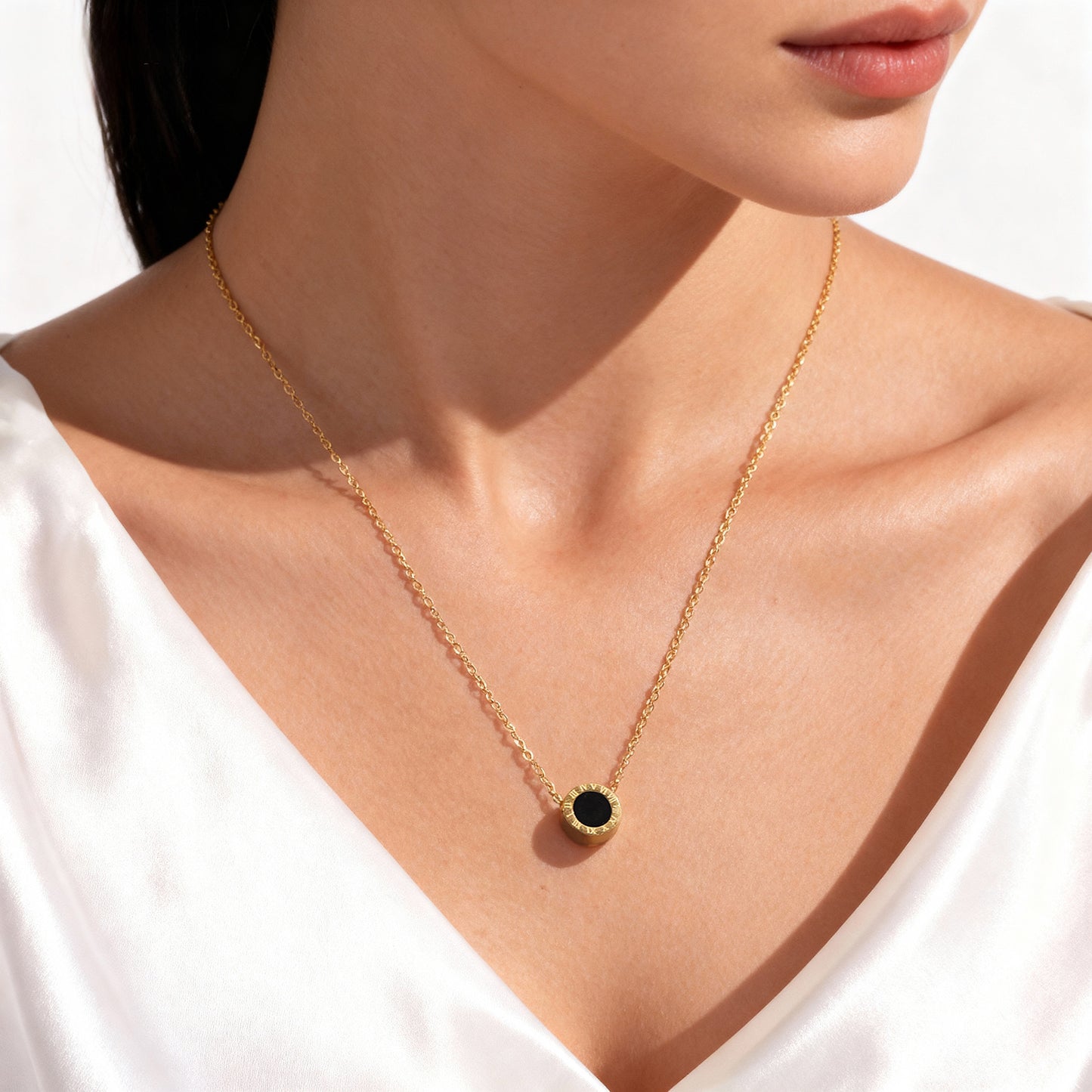 White Sea Shell Black Acrylic Roman Numeral Stainless Steel Necklace