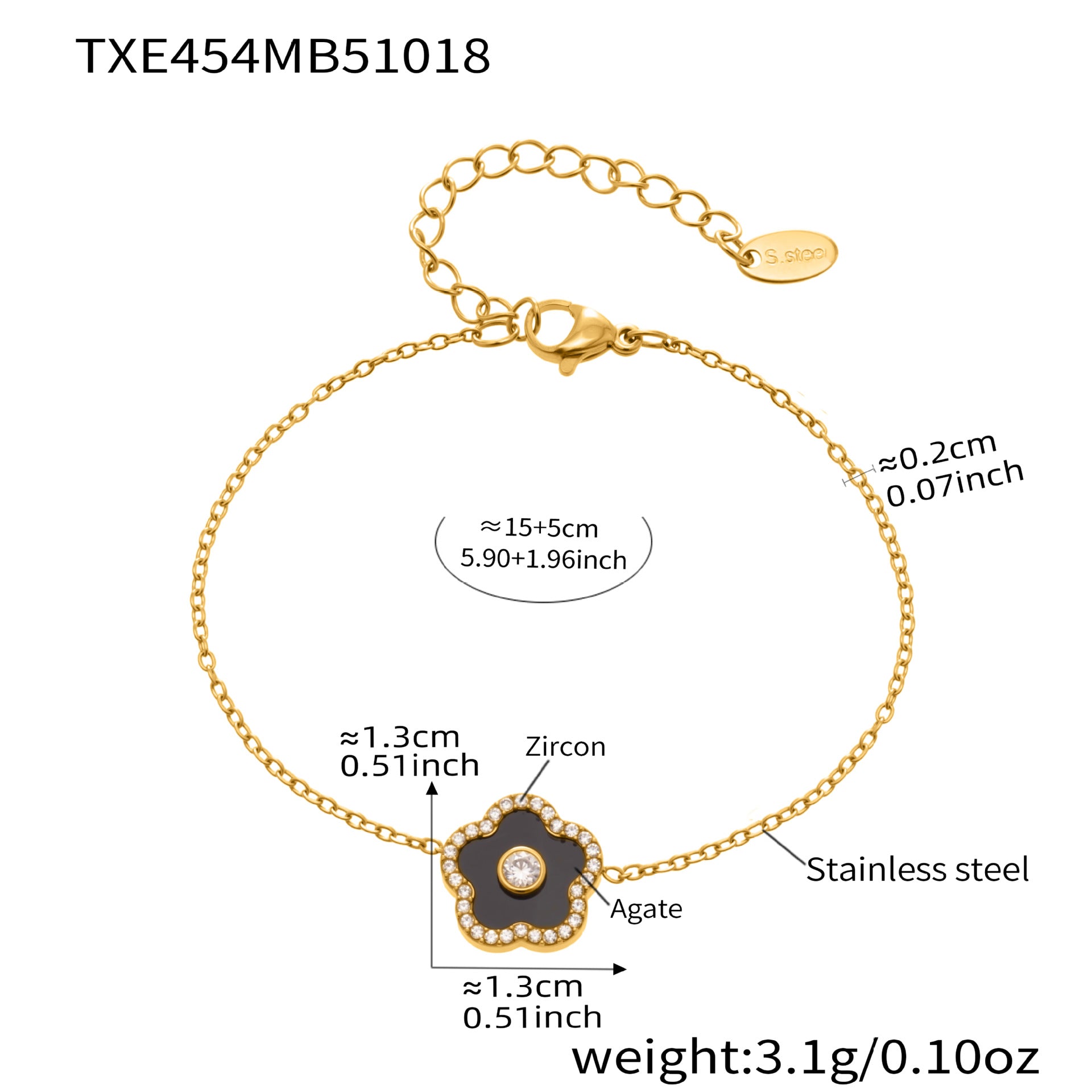 Gold bracelet with zircon, agate, and stainless steel components, labeled with measurements and material details.