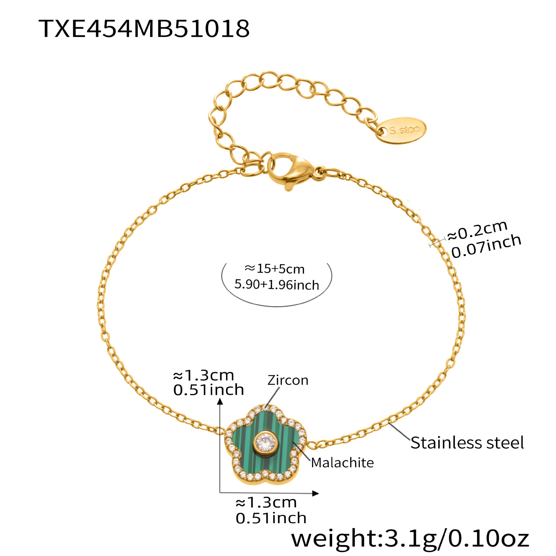 Gold bracelet with green stone and measurements on a white background