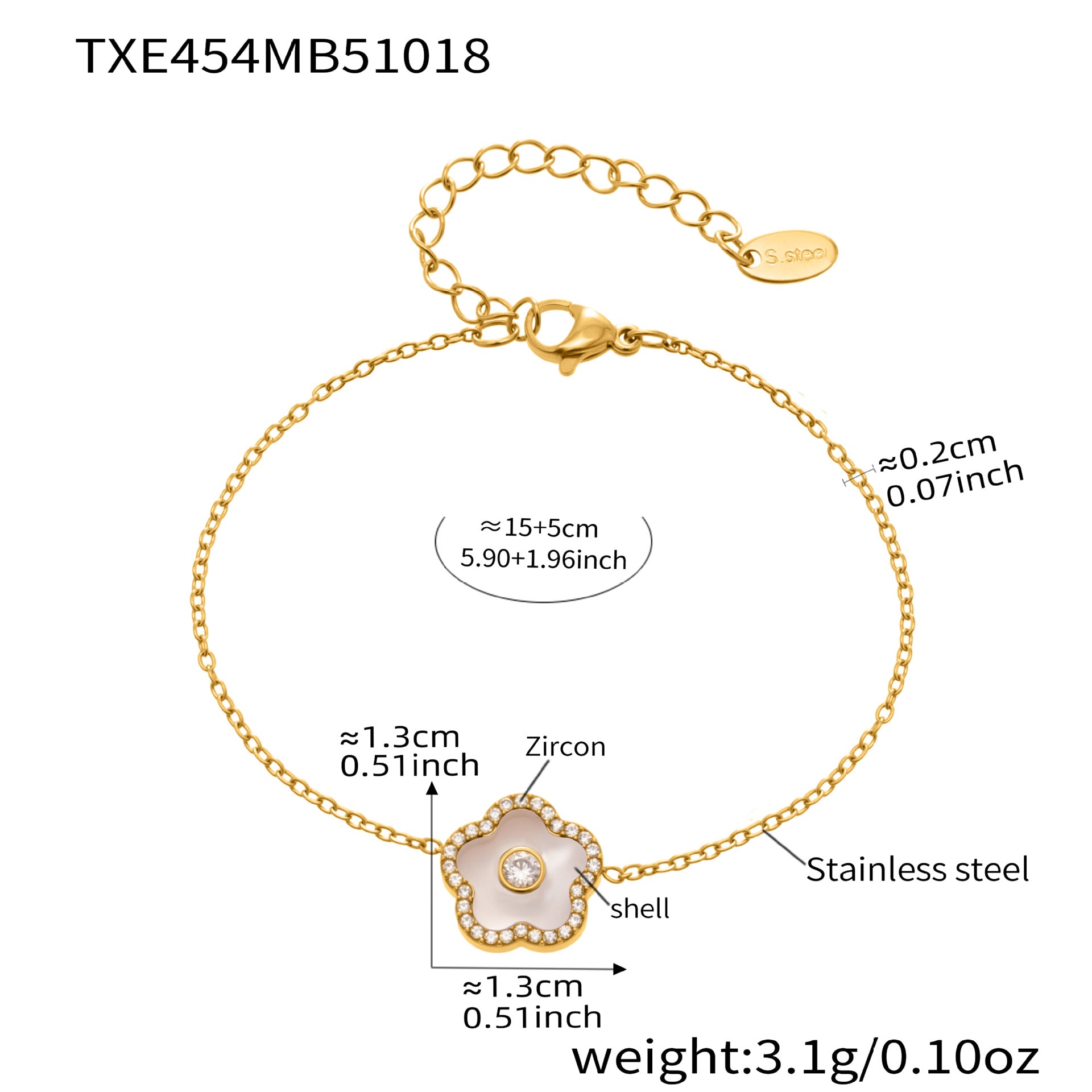 Gold bracelet with measurements and material details on a white background