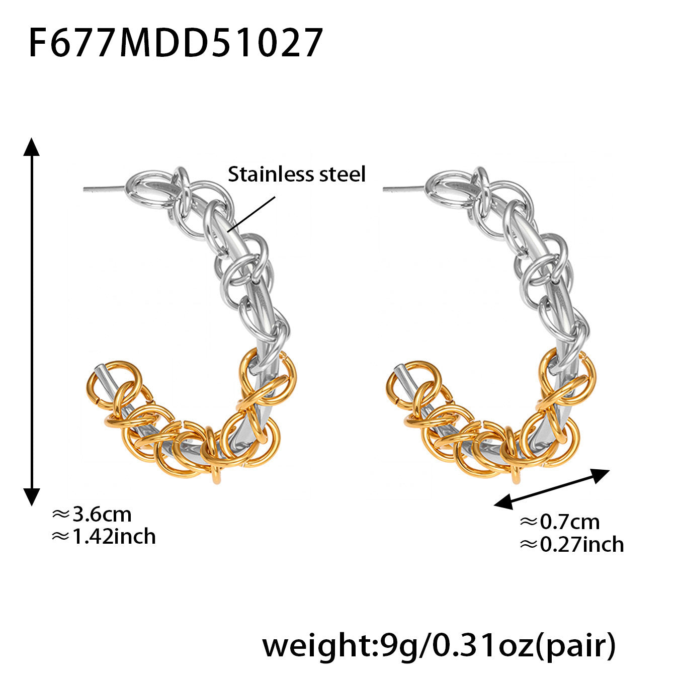 Heavy duty metal two tone C shaped stainless steel earrings