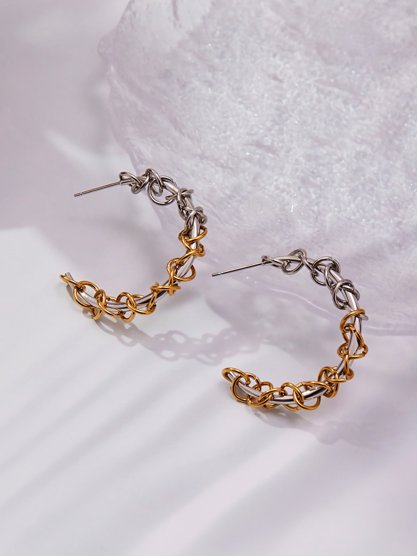 Heavy duty metal two tone C shaped stainless steel earrings